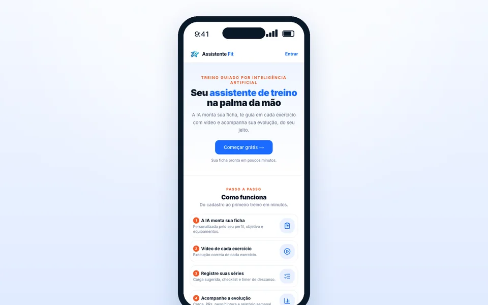 Página inicial do app Assistente Fit no celular