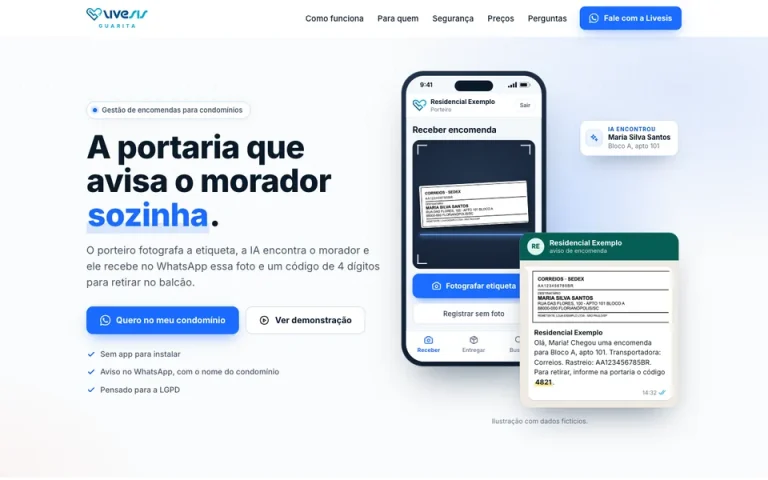 Página inicial do Livesis Guarita: o porteiro fotografa a etiqueta e o morador recebe o aviso no WhatsApp